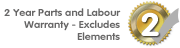 Manufacturers 2 Years Parts and Labour Warranty - Excludes Elements  - 2 Years Parts Only For NON UK Mainland (including some areas of the Scottish Highlands) Postcodes